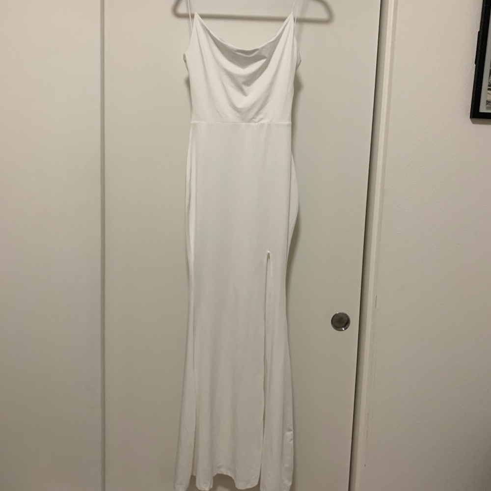 TASTEFUL MAXI DRESS - COWL NECK BODYCON THIGH SPLIT DRESS IN WHITE